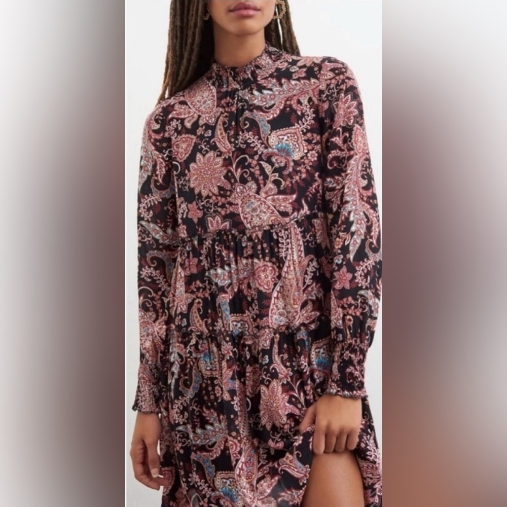 Anthropologie - Candid Colorful Paisley Mock Neck Long Sleeve Mini Dress Size XS